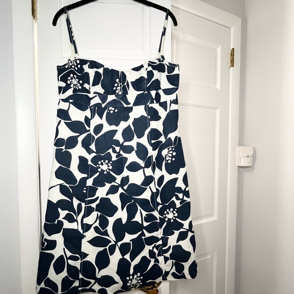 J. Crew White and Blue Linen Spaghetti Strap A-Line Mini Dress